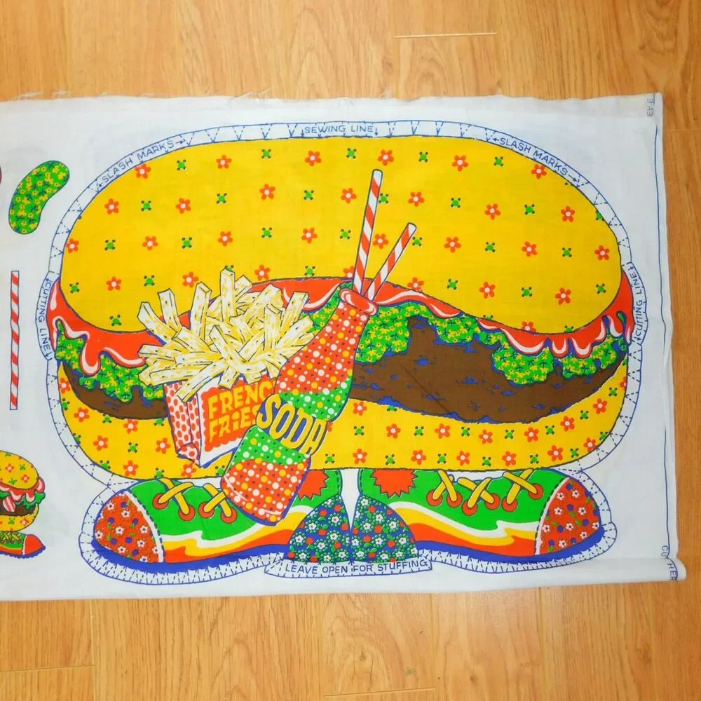 Calico Burger Pillow Panel Fabric Sewing Cushion Vintage Craft Cute Novelty NEW